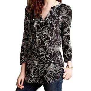 Maeve Anthropologie Bird Print Tunic 6 Button Front Artsy Boho Pintuck Pleated